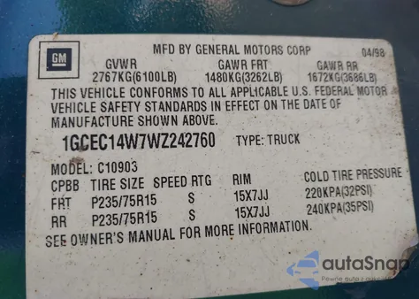 1998 Chevrolet C1500 Fleetside из США, поврежденный, VIN 1GCEC14W7WZ242760